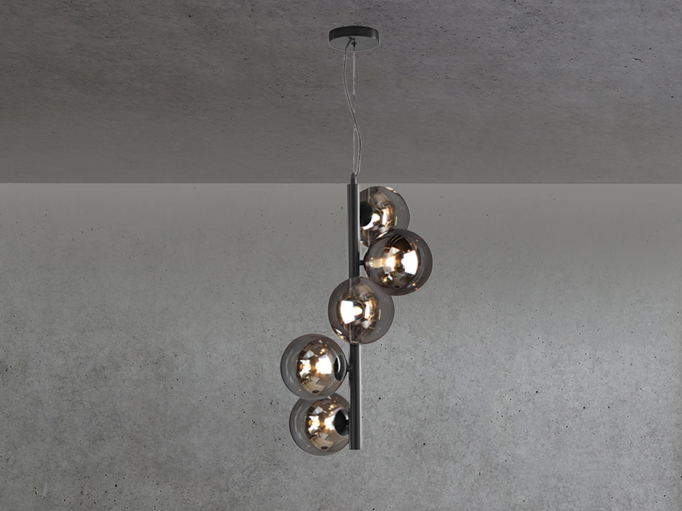 LED Pendelleuchte 5 flammig in Schwarz mit Rauchglas Kugeln lang, Höhe 183cm Bild 1