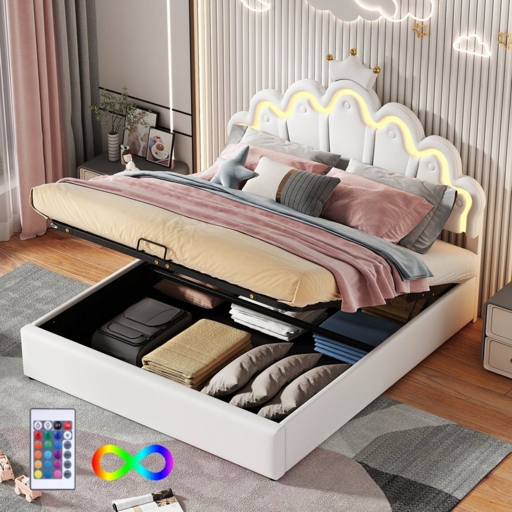 Flieks Polsterbett, LED Kinderbett Doppelbett mit krone-Form Prinzessinnenbett 140x200cm Bild 1