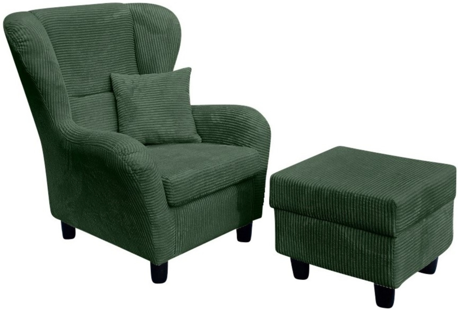 OHRENSESSEL mit HOCKER, hoher Sitzkomfort durch Wellenunterfederung B90/H98/T76 cm, Cord Dunkel-Grün Bild 1