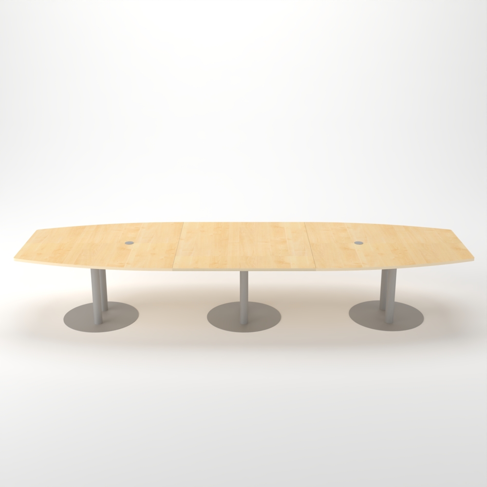 Rheinland Möbel Konferenztisch KONTI 400x130 cm – ovaler Besprechungstisch in Ahorn mit silbernen Säulenfüßen & 2 Kabelauslässen, erweiterbarer Meetingtisch für 12–14 Personen, moderner XXL-Tisch fürs Büro Bild 1