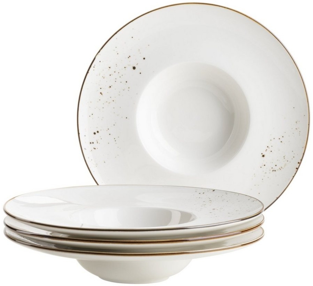 MÄSER Serie Pintar, hochwertiges Gourmetteller-Set, 4-teilig mit Ø 26 cm, breiter Tellerrand, mit heller Glasur, visuellen braunen Sprenkeln und feinem Rand im Vintage Look, Porzellan Bild 1