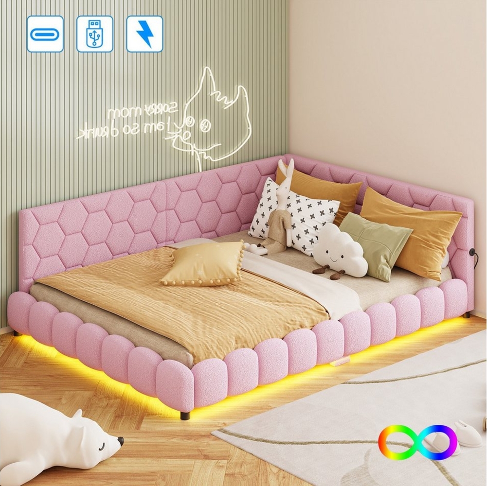 Gdood Polsterbett Doppelbett Daybett Tagesbett (1 tlg. Mit USB & TYPE-C, Geeignet für Jungen und Mädchen), Mit LED-Beleuchtung, Ladefunktion, Schafsfell, 140x200 cm Bild 1