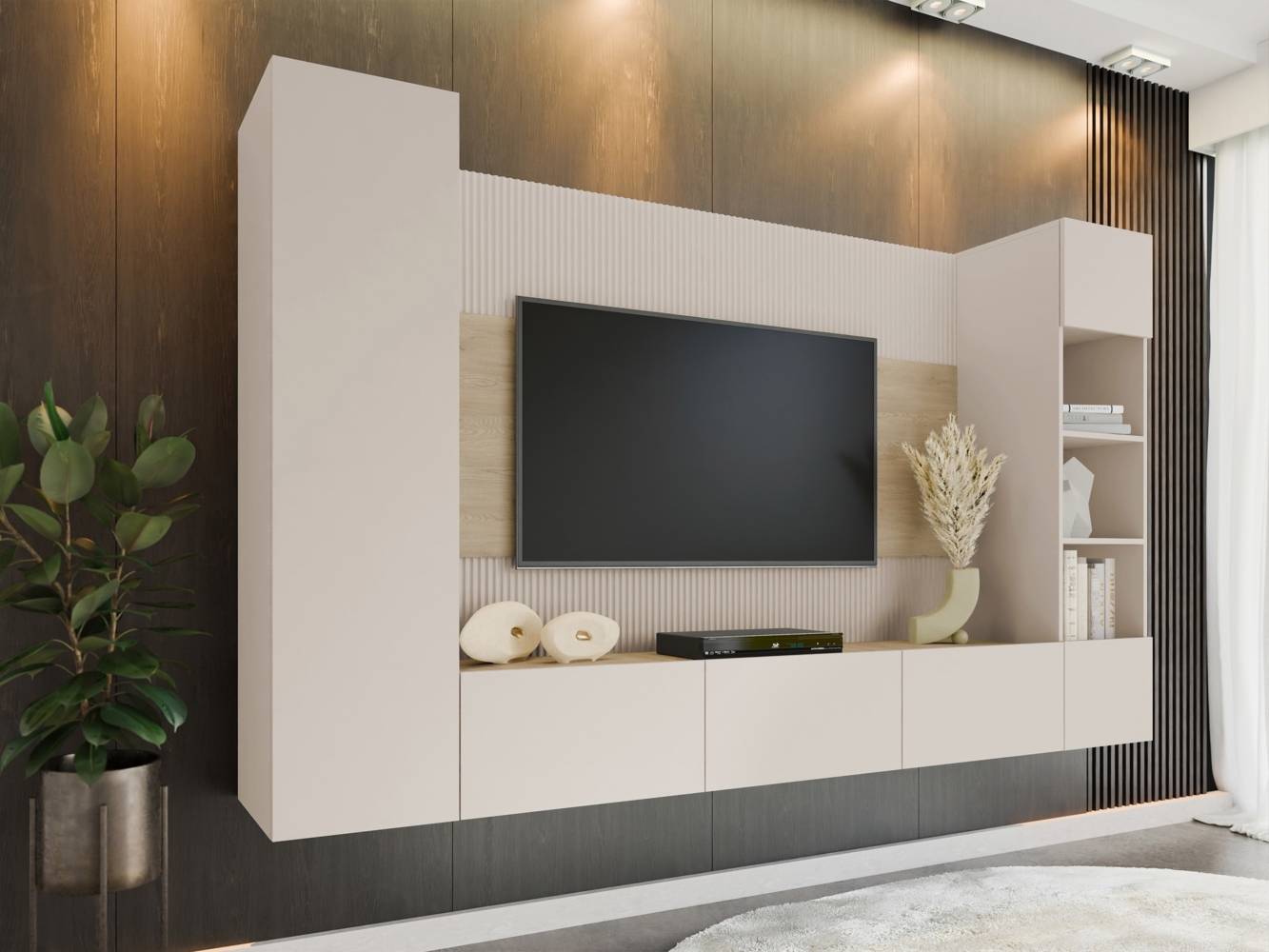 Wohnwand Deromi IV, Griffloses Öffnungssystem (Farbe: Sandbeige + Eiche Cremona) Bild 1