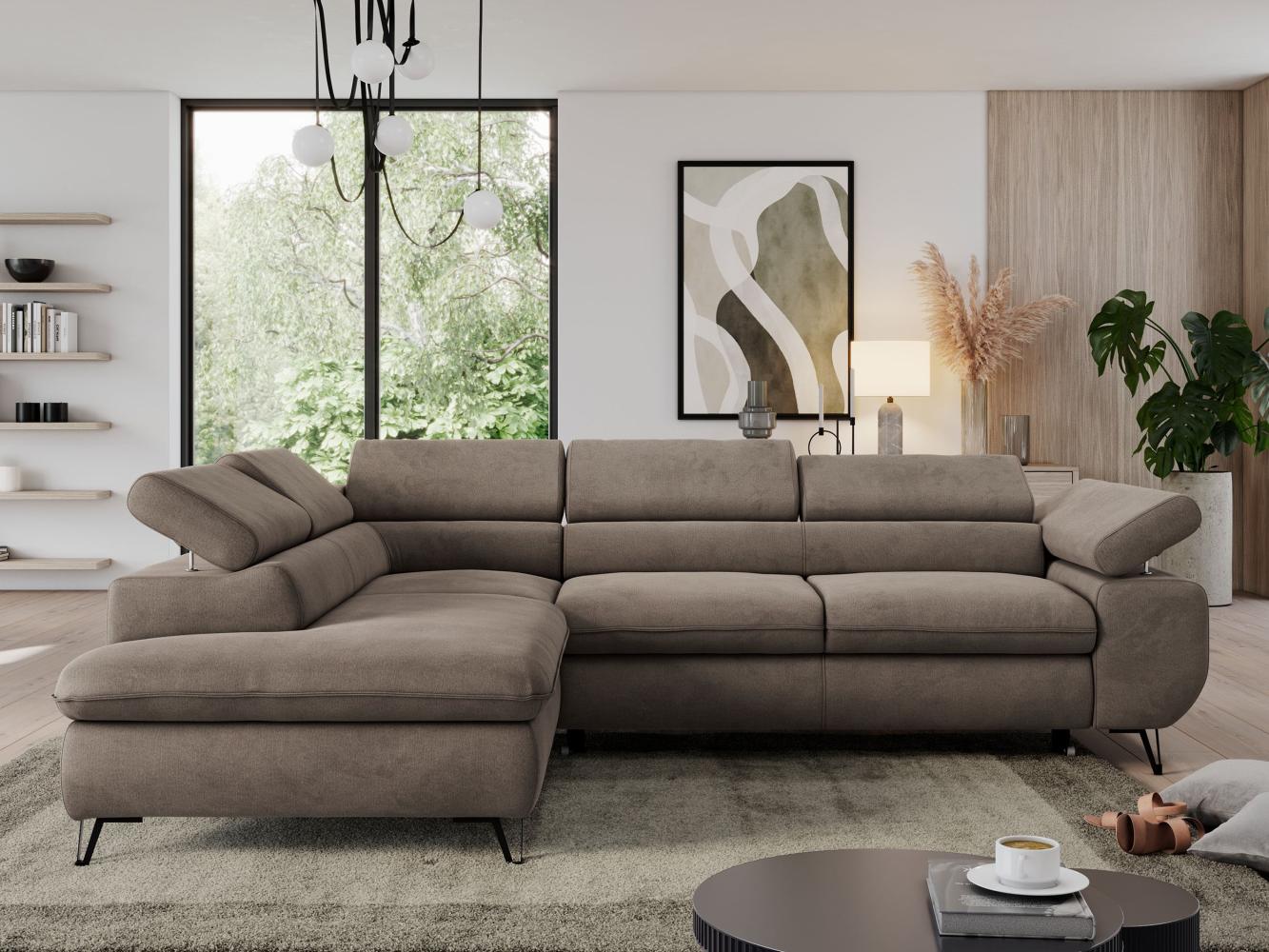 Ecksofa mit Bettfunktion, Modern Sofa, L-form, Einstellbare Kopfstützen, Bettkasten, PEDRO, 1x Ecksofa, 1x Topper, Braun, Velours, links Bild 1