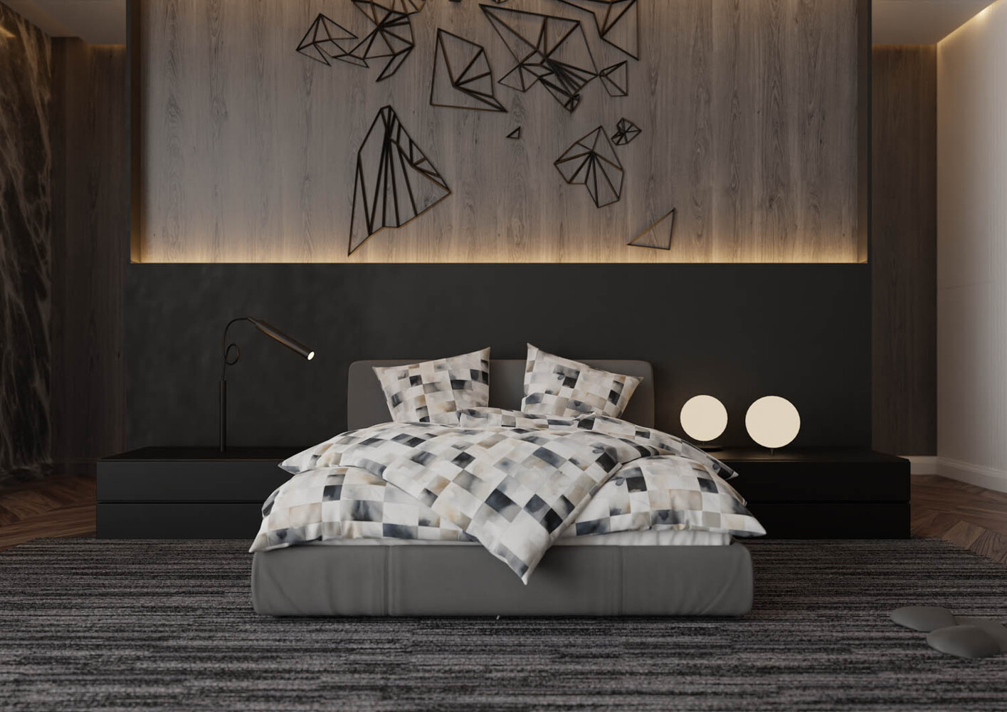 Mako Satin Bettwäsche Karo abstrakt anthrazit / braun Garnitur 200x220 + 2x 80x80 Bild 1