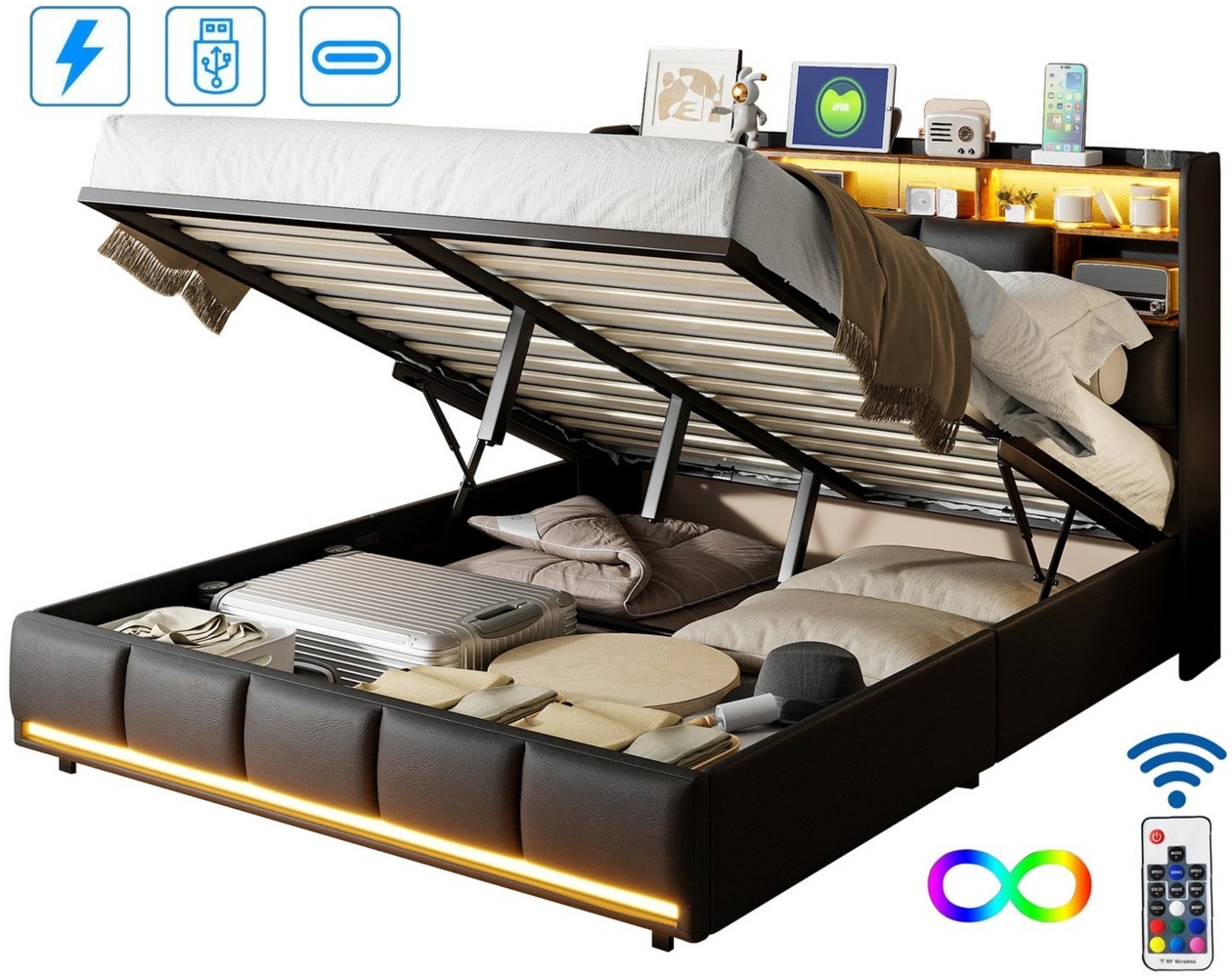 FUROKOY Polsterbett Doppelbett Stauraumbett Hydraulisch anhebbarer mit LED Beleuchtung, 160x200 cm,mit USB+Type C und Steckdose,Stauraum,Kunstleder,Schwarz Bild 1