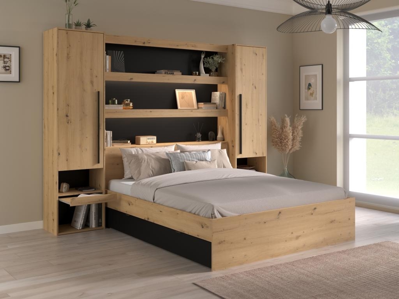 Vente-unique - Bett mit Stauraum & LEDs - 140 x 190/200 cm - Holzfarben & Schwarz - VARLY Bild 1