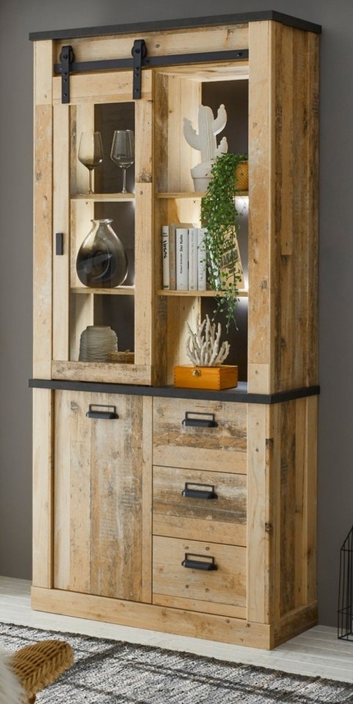 Furn. Design Stauraumvitrine Stove (Vitrinenschrank in Used Wood, 93 x 201 cm) mit Schiebetür, Soft-Close Bild 1