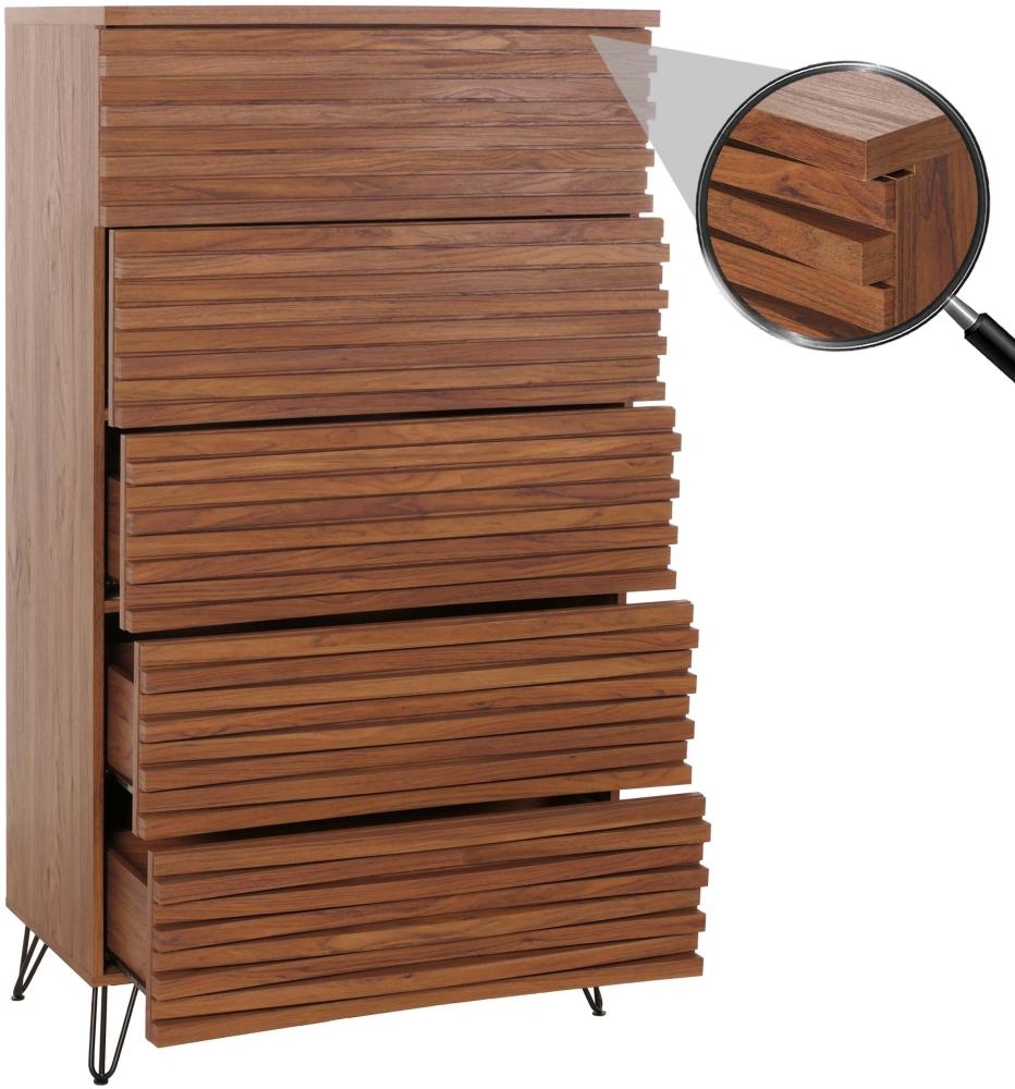 Kommode HWC-M49, Highboard Schrank, 3D-Design 5 Schubladen Massiv-Holz Mango Metall 145x80x44cm ~ Walnuss-Optik Bild 1