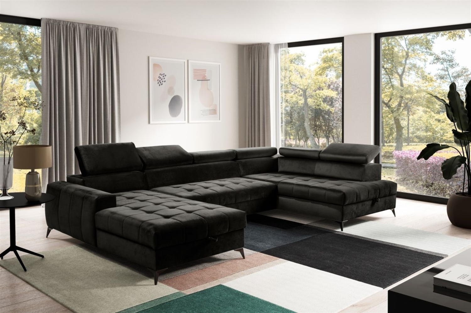 Wohnlandschaft Schlafsofa AGNESA Stoff Salvador Schwarz Ottomane Links Bild 1