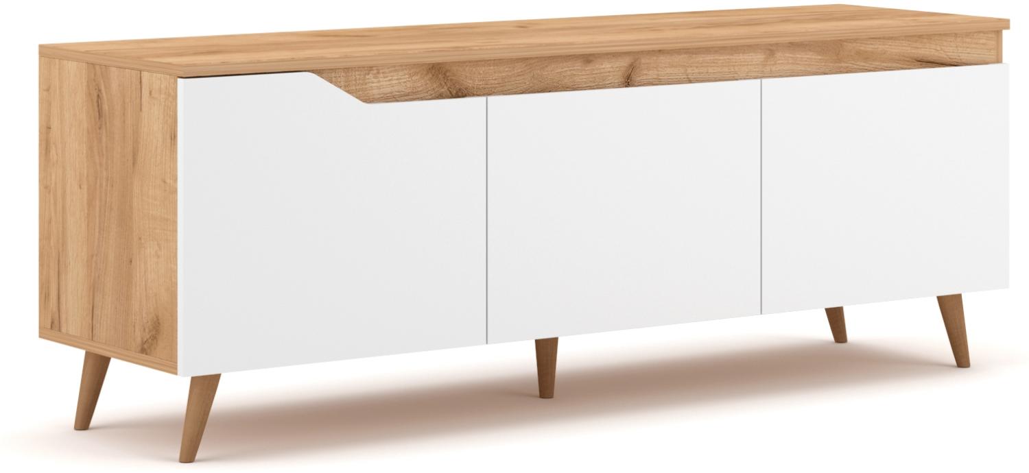 Domando Lowboard Syrakusa Skandinavisch für Wohnzimmer Breite 140cm, massive Buchefüße, Eiche Gold und Weiß Matt Bild 1