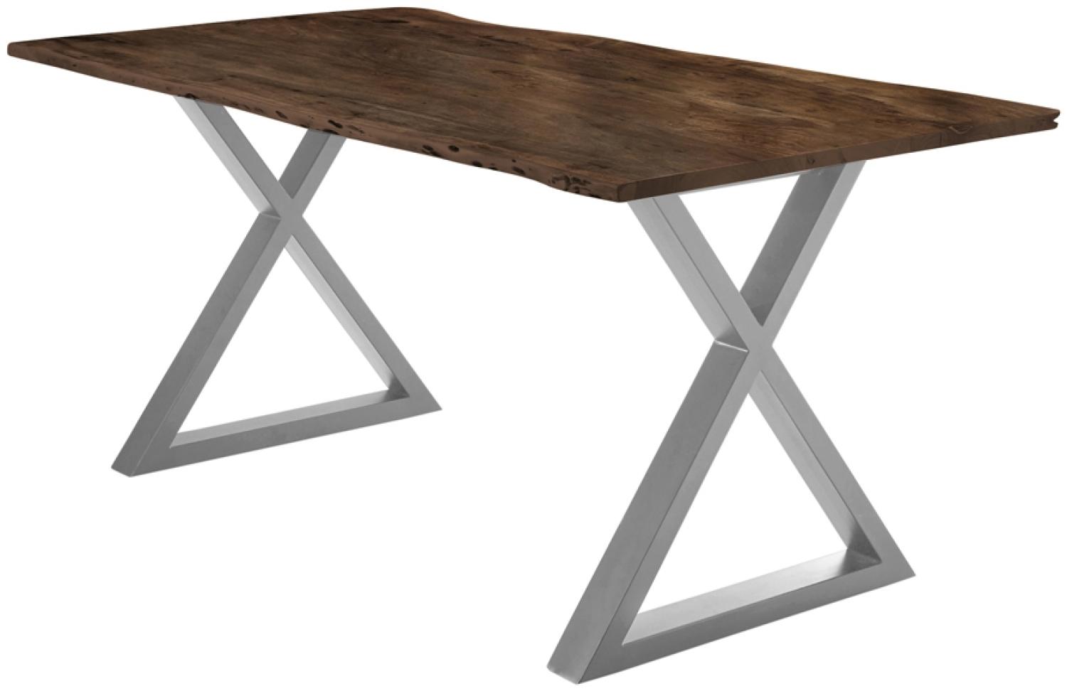 Esstisch Baumkante massiv Akazie nussbaum 160x85 X-Gestell silber LUBIN 527475 Bild 1