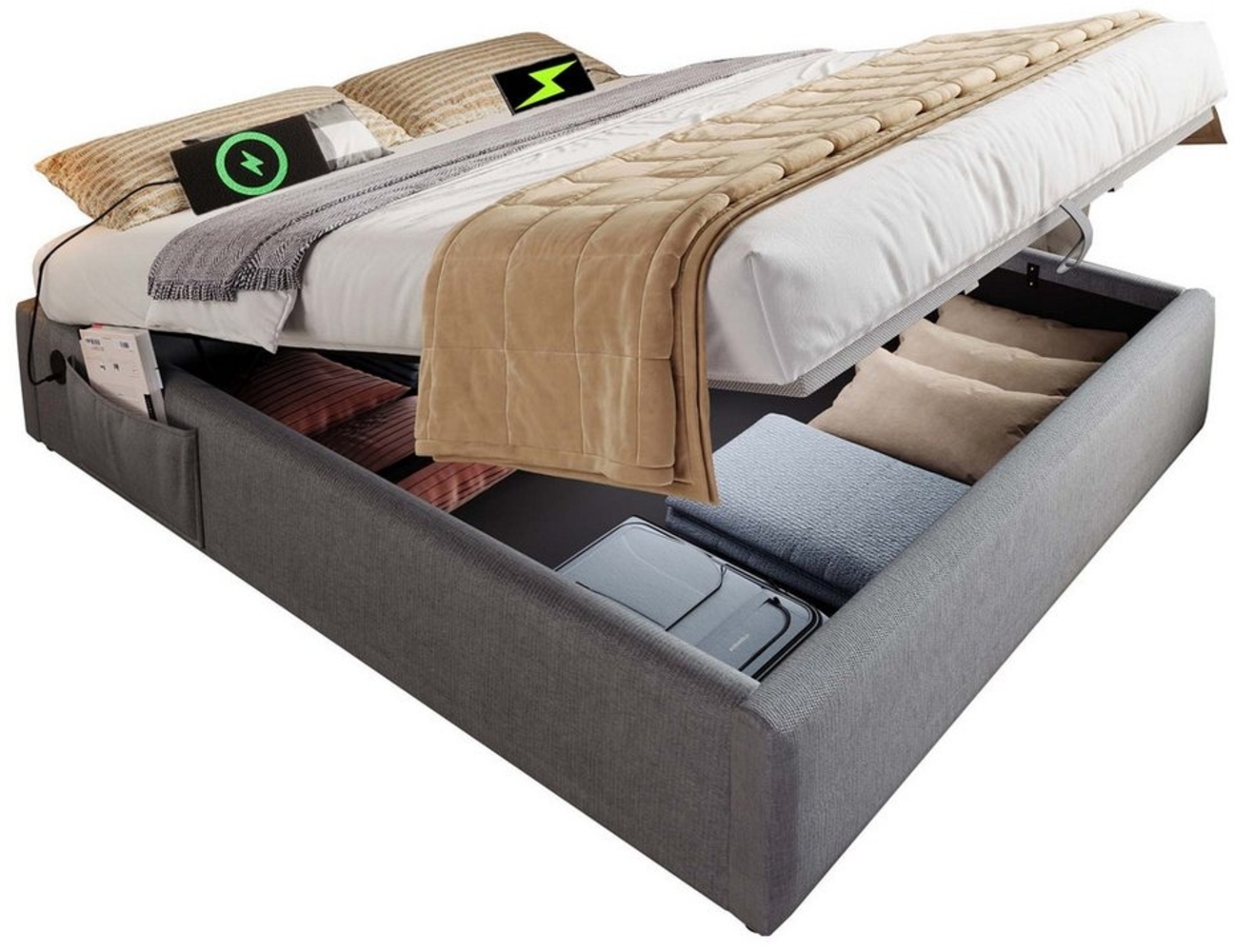 REDOM Polsterbett Ohne Kopfteil (Funktionsbett, Struraumbett Hydraulisch mit Bettkasten, 1-tlg, 160x200 cm, ohne Matratze), mit USB- C, Seitentasche und Vollflächiger Lattenrost Bild 1