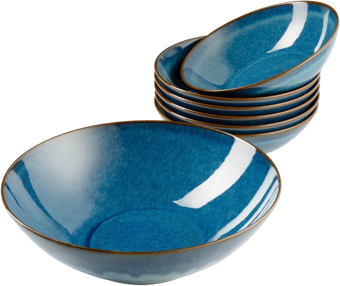7-teiliges Bowl Set aus Keramik, 1 Salat-Schssel gro und 6 Schalen fr Salat, Msli, Suppe oder Pasta, mit Vintage Glasur in Blau Bild 1