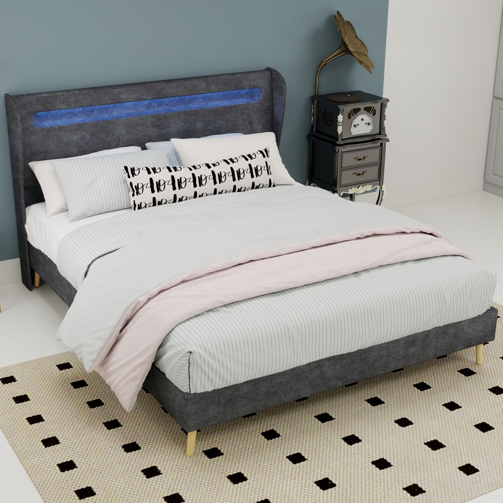 Flachbett 140×200cm LED-Umgebungsbeleuchtung & verstellbares Kopfteil,gepolstertes Stoff-/Metallgestell,robuste Niedrigbett-Optik,Grau Bild 1