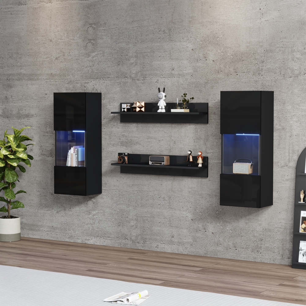 Wandregal 4er Sett, LED-Wandschrank und 2 Regale – Smarte APP-gesteuerte Beleuchtung, Hochglanzoberfläche und Türen aus gehärtetem Glas, für Wohnzimmer, TV-kompatibel, TV-Schrank-Set, Schwarz Bild 1