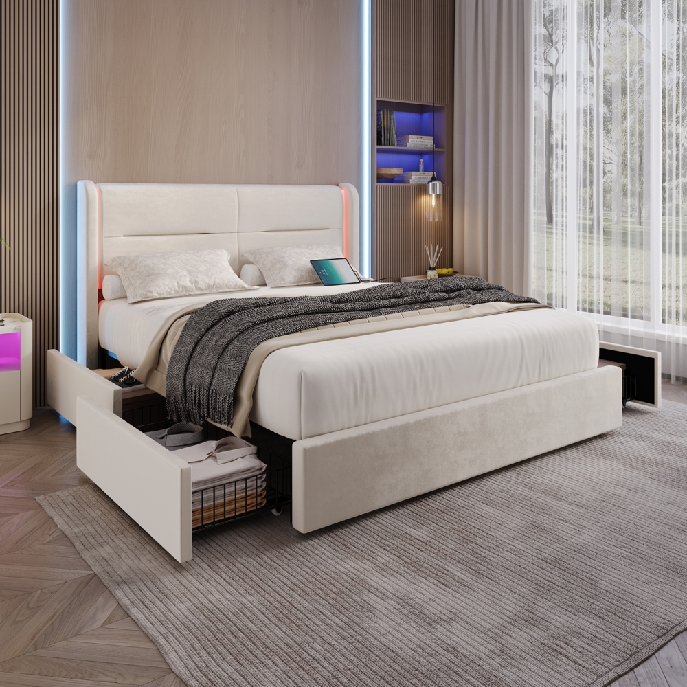 LVHOM Polsterbett Doppelbett 160x200 cm, LED-Samt-Bett mit 4 Schubladen, USB/Typ C-Anschlüssen, Stauraum, Samtbezug, 300 kg Tragkraft, App-Steuerung Bild 1