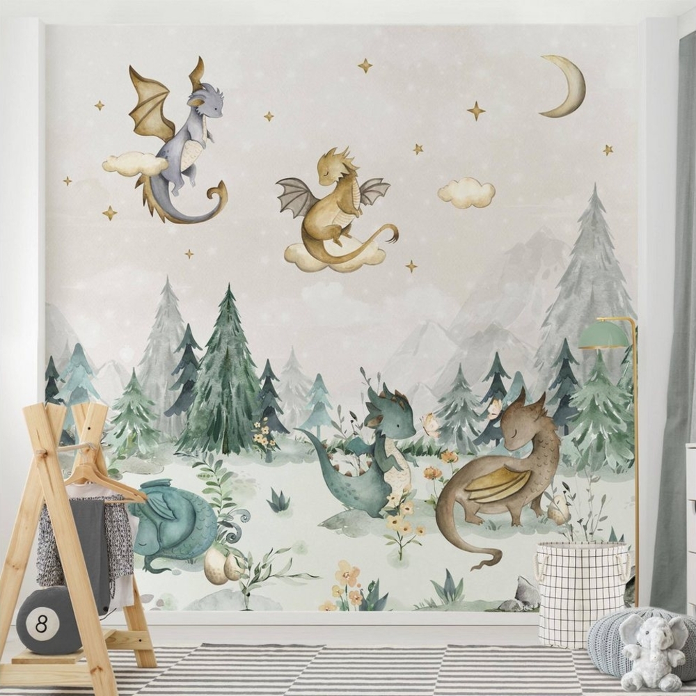 Bilderdepot24 Kindertapete Drachen Aquarell Wald Illustration Kinder Natur Landschaft grün modern, Glatt, Matt, (Vliestapete inkl. Kleister oder selbstklebend), Mädchenzimmer Jungenzimmer Babyzimmer Bildtapete Fototapete Wandtapete Bild 1