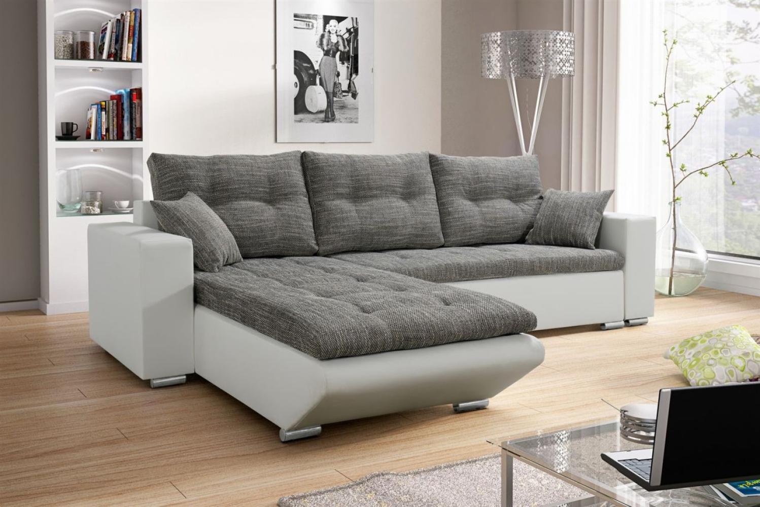 Ecksofa Sofa NINO mit Schlaffunktion Weiss-Grau Ottomane Links Bild 1