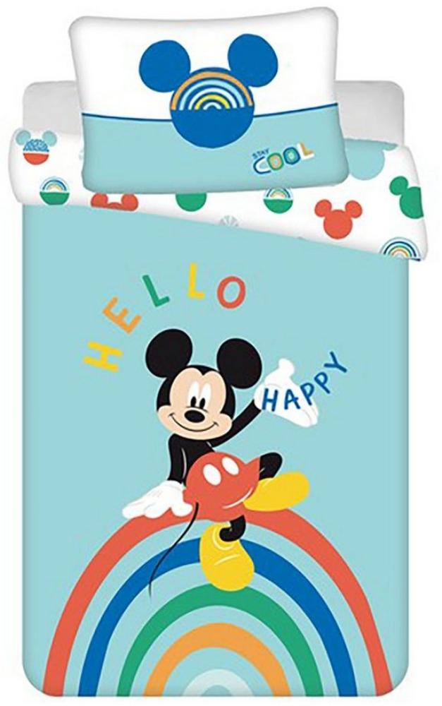 Disney Baby Kinder Wendebettwäsche Mickey Mouse Regenbogen Hello Happy Cool Türkis Bettdecke 100x135 + Kopfkissen 40x60 cm, 100% Baumwolle Bild 1