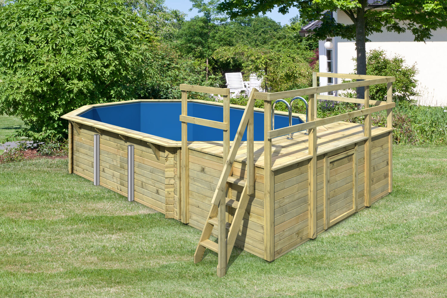 Karibu Pool Modell 4D Classic 400x692 cm, Holz kdi mit blauer Poolfolie Bild 1