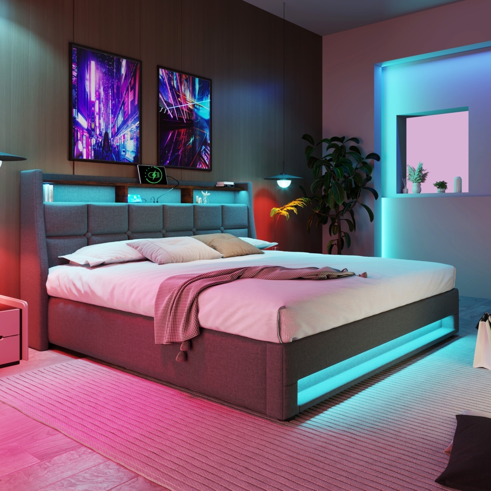 Polsterbett 180x200 cm mit LED-Beleuchtung & USB-Anschluss,Vintage-Leinenoptik,Stauraum unter dem Lattenrost,Grau Bild 1