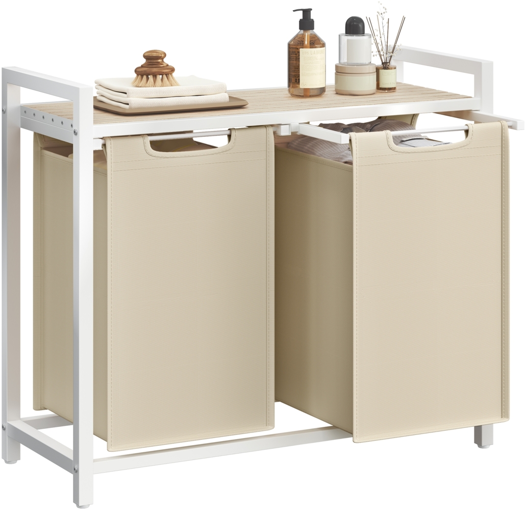 VASAGLE Wäschekorb 2 Fächer, Wäschesammler mit Ablage, Wäschebox, Wäschesack abnehmbar, Metallrahmen, 2 x 46 L, beige Bild 1