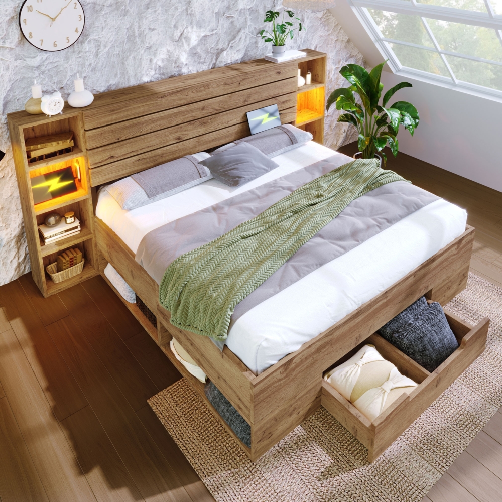 Merax Doppelbett Massivholzbett 180×200, Stauraumbett Bettanlage mit LED-Beleuchtung und USB C Stauraum-Kopfteil und Schubladen, Bettgestell Lattenrost aus holz, Eiche(Ohne Matratze) Bild 1