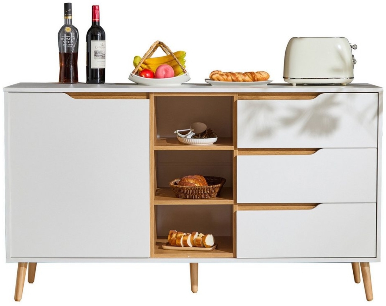 Flieks Kommode mit 3 Schubladen und 1 Tür (1 St, mit verstellbaren Einlegeböden und Massivholzbeinen), Sideboard Wohnzimmerschrank Anrichte Weiß 140 x 40 x 80,5 cm Bild 1