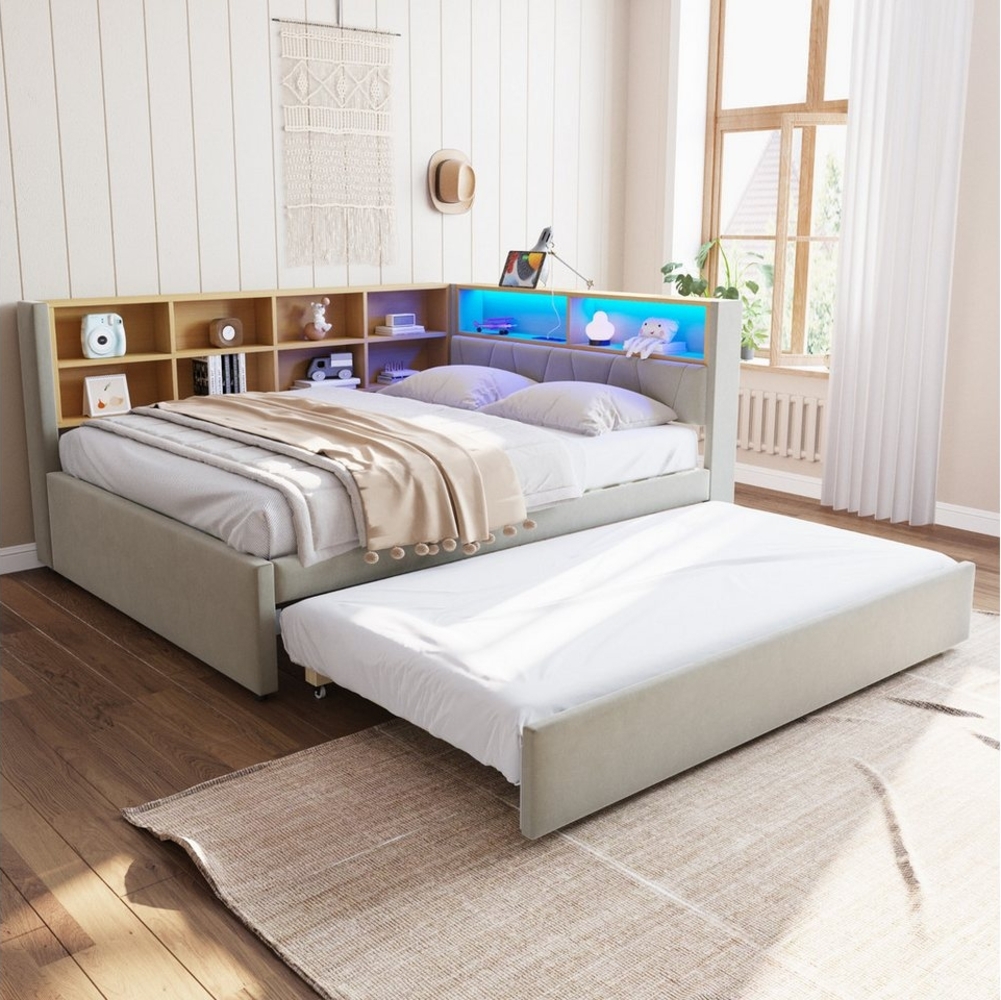 Flieks Daybett, Kinderbett Schlafsofa 140x200cm mit LED Steckdose Ausziehbett 90x190cm Bild 1