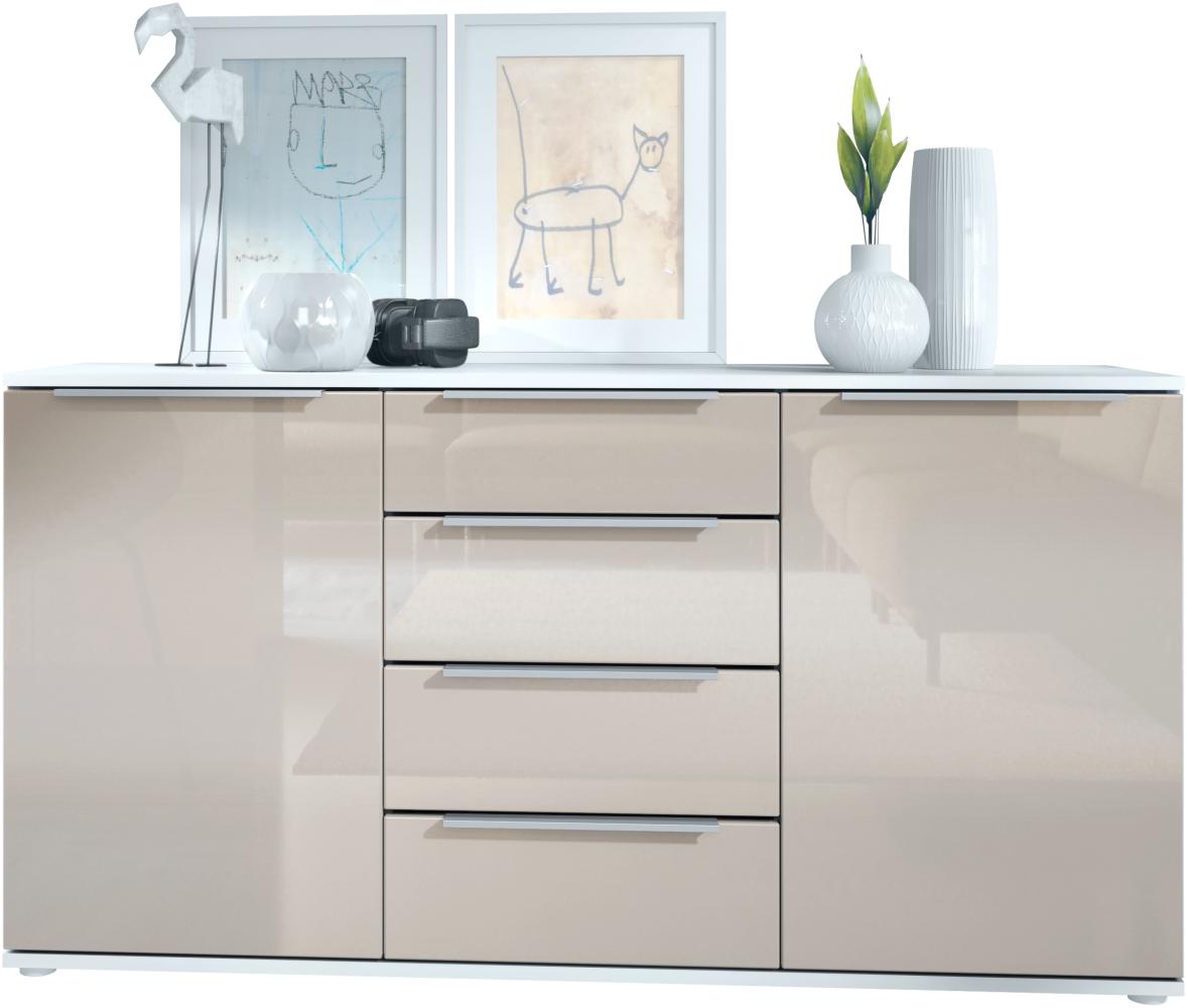 Vladon Sideboard Linio 139 x 72,5 x 35 cm Anrichte mit 2 Türen und 4 Schubladen, Korpus in Weiß matt, Fronten in Sandgrau Hochglanz Bild 1