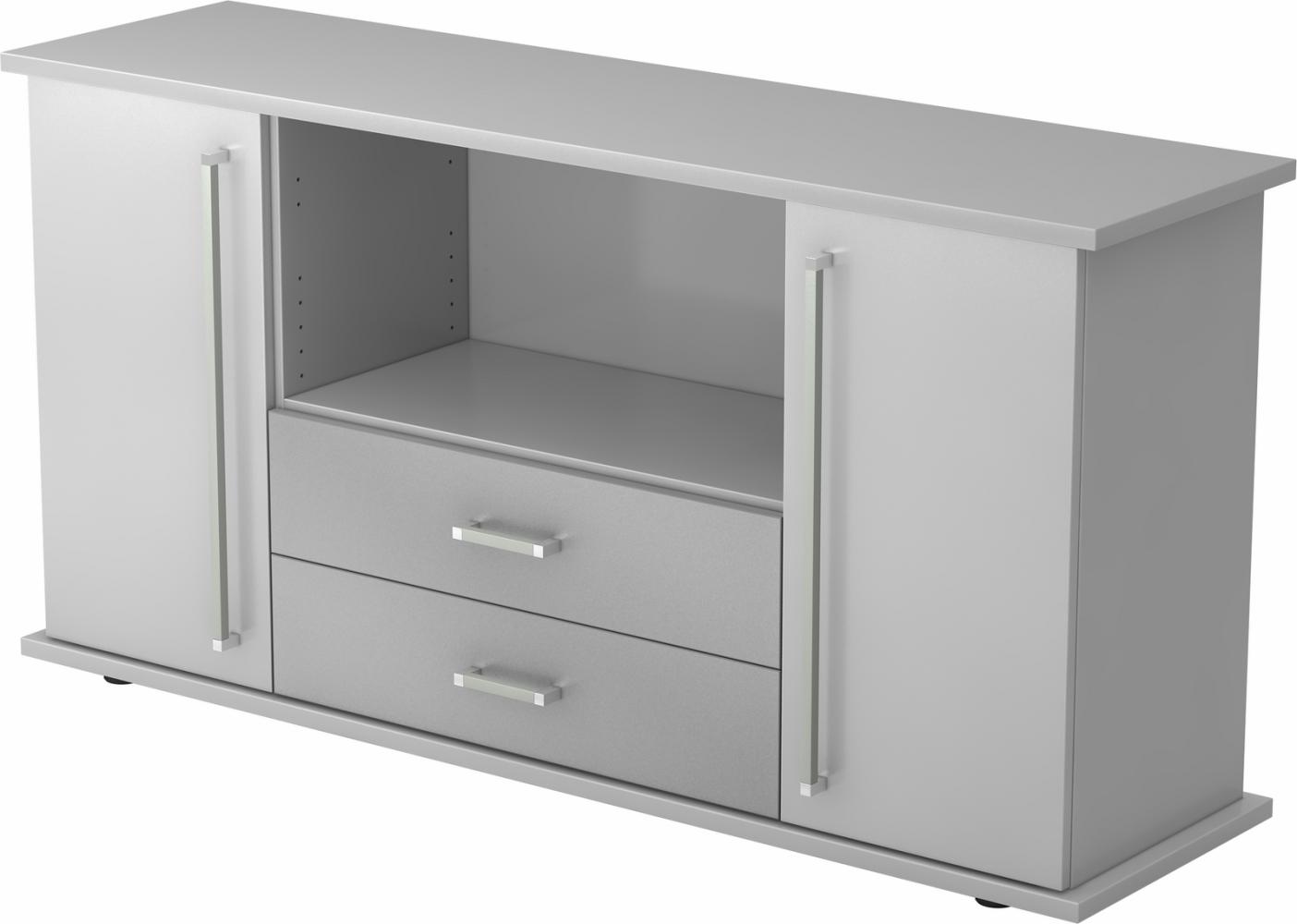 bümö Sideboard grau mit Flügeltüren & Regal - Büromöbel Sideboard mit Schubladen Holz 166cm breit, 45cm schmal, Büro Schrank für Flur oder als Wohnzimmer-Kommode mit Chromgriff, SBTS-5-5-CE Bild 1