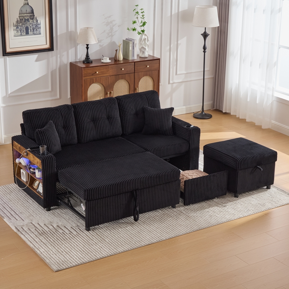 Cord-Sofa mit Ausziehfunktion,LED-Beleuchtung, USB-Type-C,Stauraum & Getränkehaltern Komfort Couch für Wohnzimmer & Gästezimmer,Schwarz Bild 1