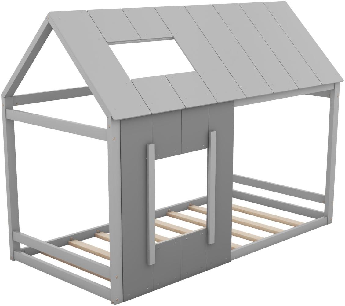 Merax 90 x 200 Kinderbett, Kinderbett in Hausform, Einzelhaus-Flachbett mit Dach und Fenster, Dunkelgrau + Hellgrau Bild 1