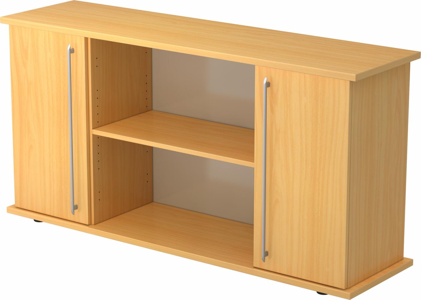 bümö Sideboard Buche mit Flügeltüren & Regal - Büromöbel Sideboard Holz 166cm breit, 45cm schmal, Büro Schrank für Flur oder als Wohnzimmer-Kommode mit Relinggriffen, SB2T-6-6-RE Bild 1