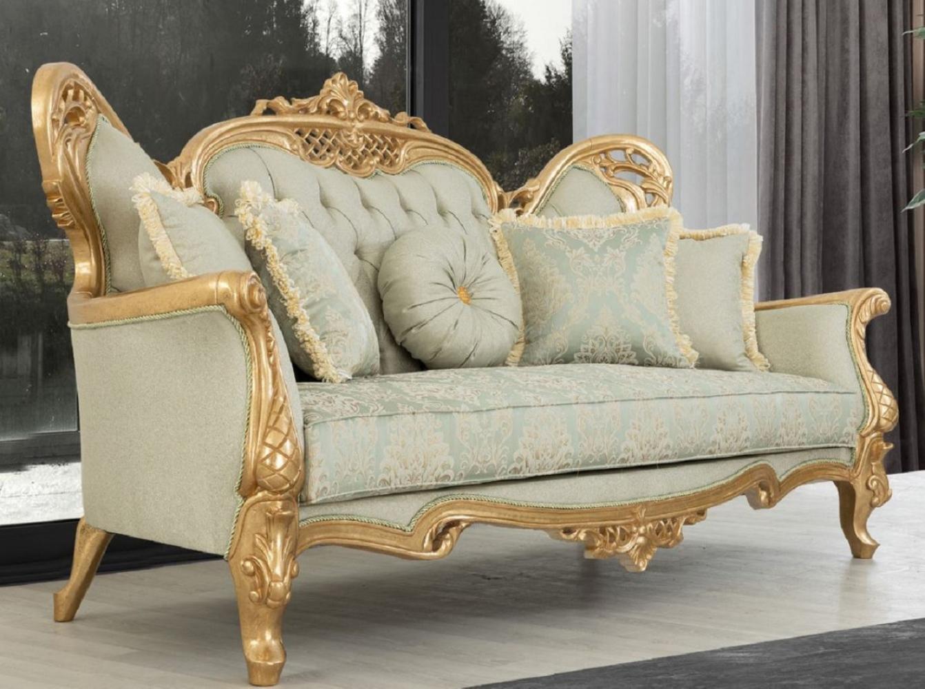 Casa Padrino Luxus Barock Sofa Hellgrün / Gold - Handgefertigtes Wohnzimmer Sofa mit elegantem Muster und Glitzersteinen - Barock Wohnzimmer Möbel - Edel & Prunkvoll Bild 1