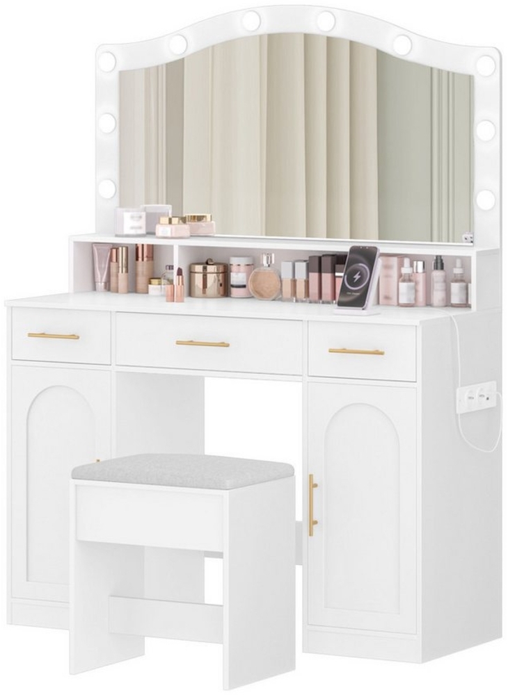 HZUANERI Schminktisch mit Hocker, HD Großer Spiegel, LED-Licht, Steckdosen, USB,3 Schubladen (Set, 2-St, 1 Schminktisch, 1 Hocker), 40 x 108 x 142,5 cm,Weiß-Gold Bild 1