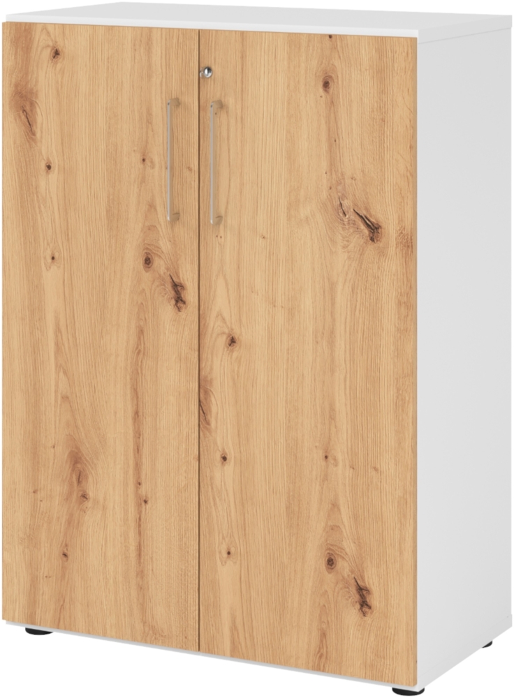 bümö Aktenschrank abschließbar, Büroschrank Holz 80cm breit in Weiß/Asteiche - abschließbarer Schrank mit Aktenregal für's Büro & Arbeitszimmer, Büro Möbel Ordnerschrank mit Schloss, 938T3-W-R-BS Bild 1