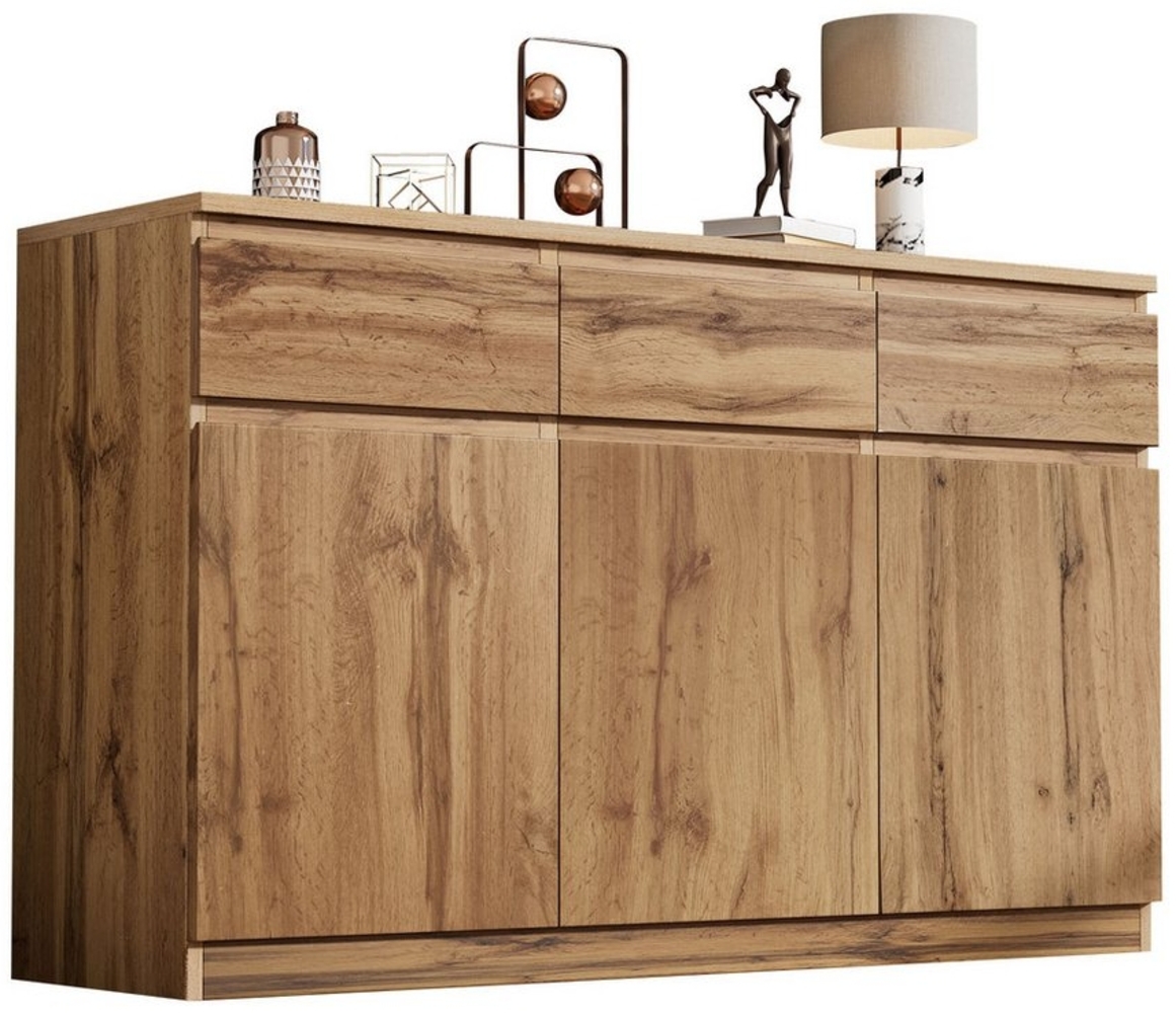 OKWISH Sideboard im natürlichen Holzstil (dekorativer Schrank, Küchen-Dielenschrank, Kommode, 1 St, 3 Türen, 3 Schubladen), mit einstellbares Regal, Anti-Kipp-Komponenten Bild 1