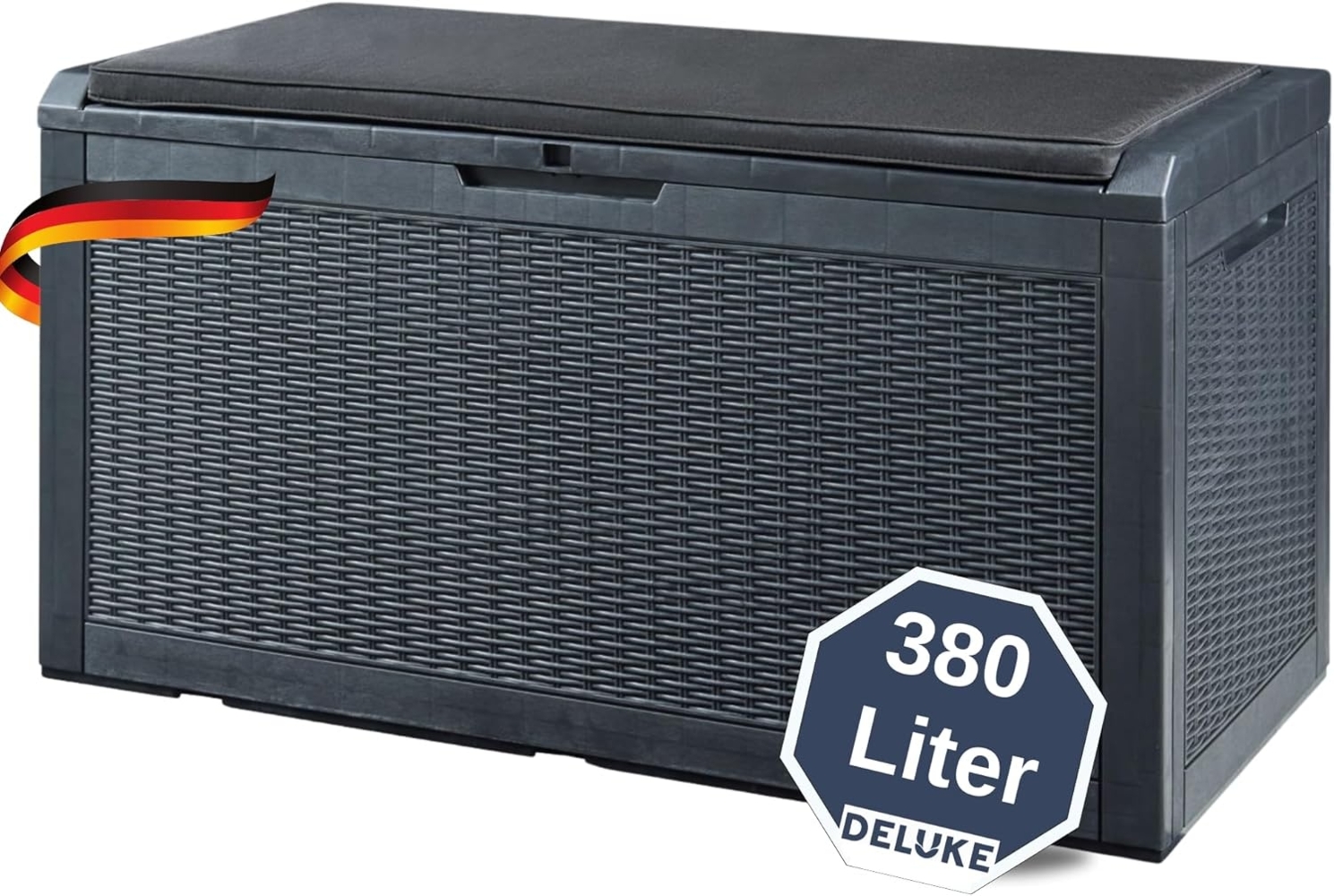 DELUKE® Auflagenbox Sitzbank THEO - 380 Liter Aufbewahrungsbox Gartenbox Auflagenbox Sitzfunktion Garten Kissenbox Outdoor Gartentruhe viel Platz für Sitzauflagen Gartengeräte Kinderspielzeug Bild 1