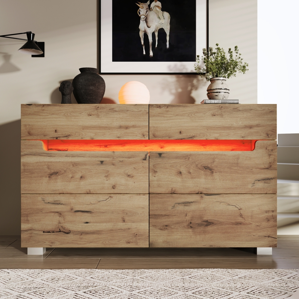 Merax Kommode, Sideboard Holz mit 6 Schubladen, LED Beleuchtung (App Control), Mehrzweckschrank für Wohnzimmer und Schlafzimmer, 71 x 120 x 40 cm, Eiche Bild 1