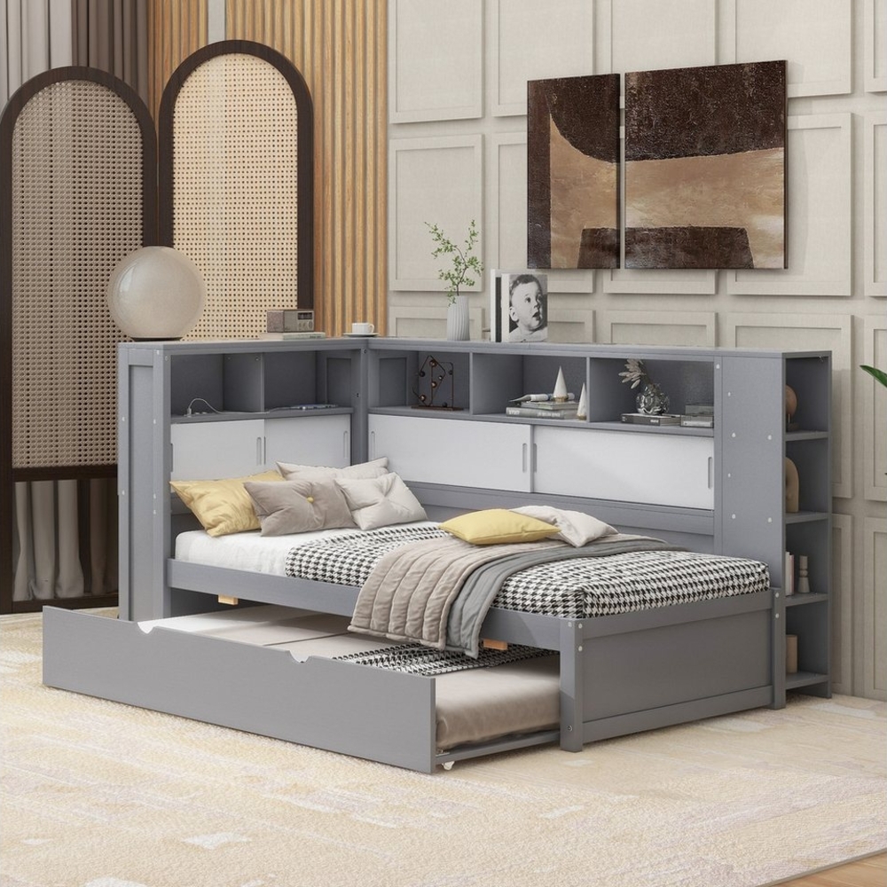 OKWISH Stauraumbett Holzbett Einzelbett Kinderbett mit Ausziehbett, mit Staufach mit USB (Tagesbett Schlafsofa Daybett mit Stauraum, perfekt für Kinder- und Gästezimmer, 90x200cm (90x190cm), ohne Matratze Bild 1