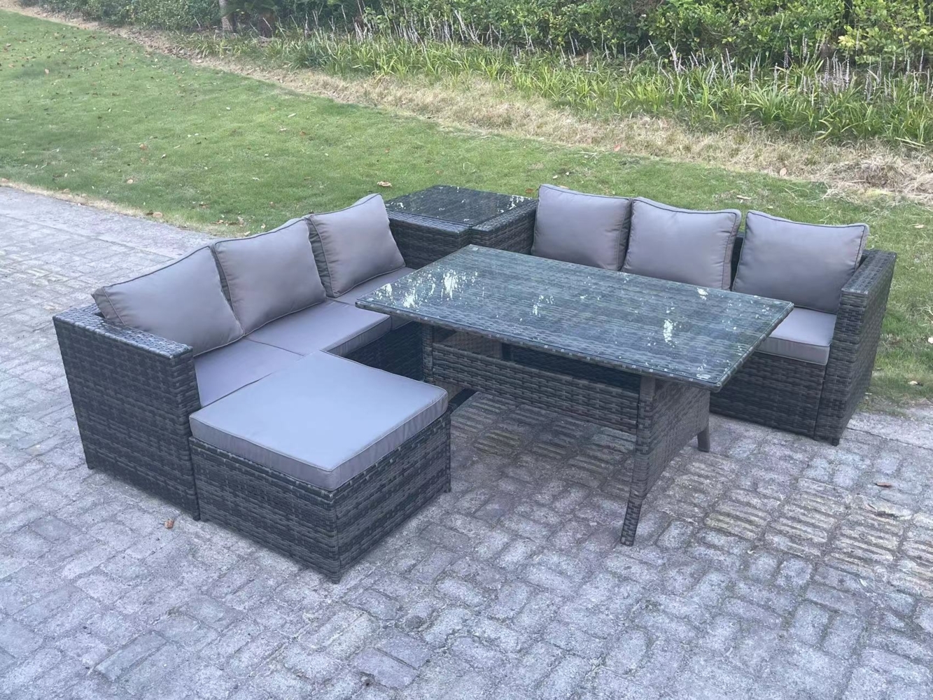 Fimous Polyrattan Gartenmöbel Set Terrassen Rattan Rechteckiger Esstisch Lounge Sofa mit Großer Fußhocker Beistelltisch 7 Sitzer Dunkelgrau gemischt Bild 1