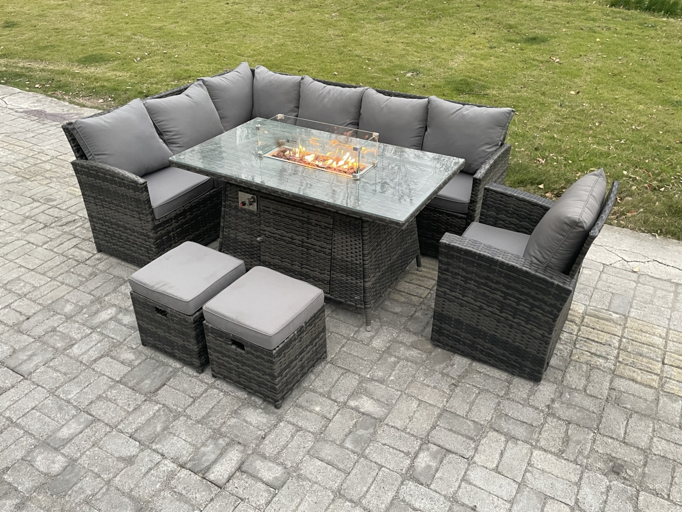 Fimous Outdoor Gartenmöbel-Set Hoher Rücken Ecksofa Gas Feuertisch Sets mit Sesseln 2 kleine Fußhockern 9 Sitzer Dunkelgrau gemischt Bild 1