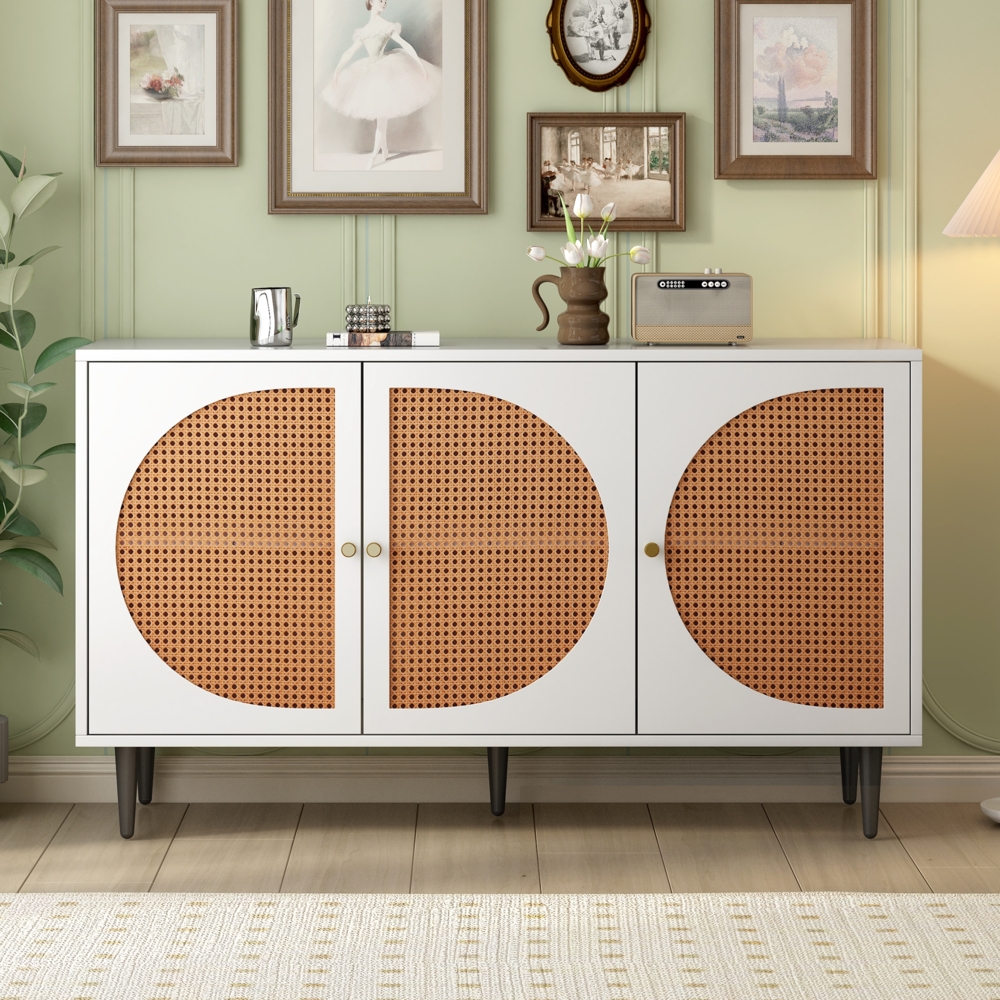 Merax Sideboard mit 3 Rattan verzierten Türen Kommode Highboard mit Metallgriffe, Weiß,129.8x 40x 76cm Bild 1