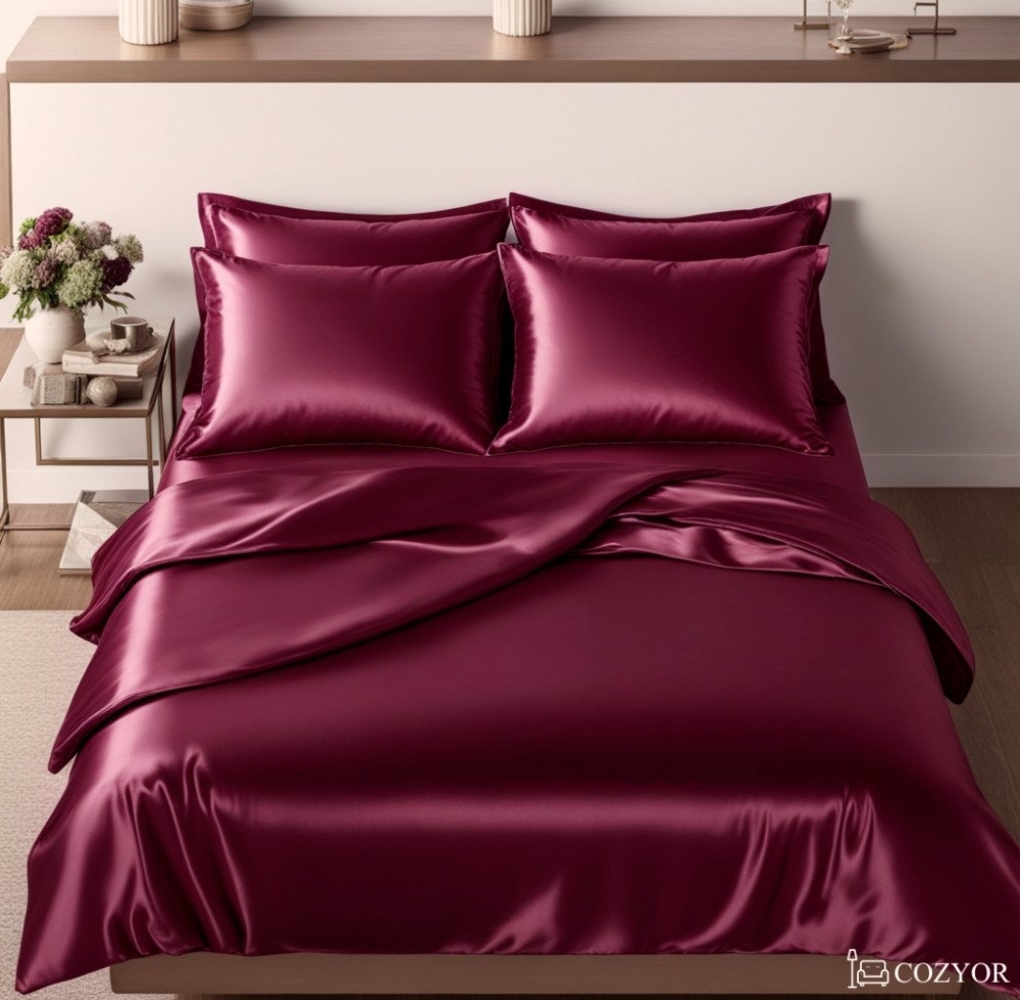 Cozyor Bettwäsche Satin glänzend 135x200, 155x200, 155x220, 200x200cm mit Reißverschluss, Satin, bordeaux Berry, 2 teilig, glänzend Satin, Bettbezug + Kissenbezug 40x80, besonders weich Bild 1