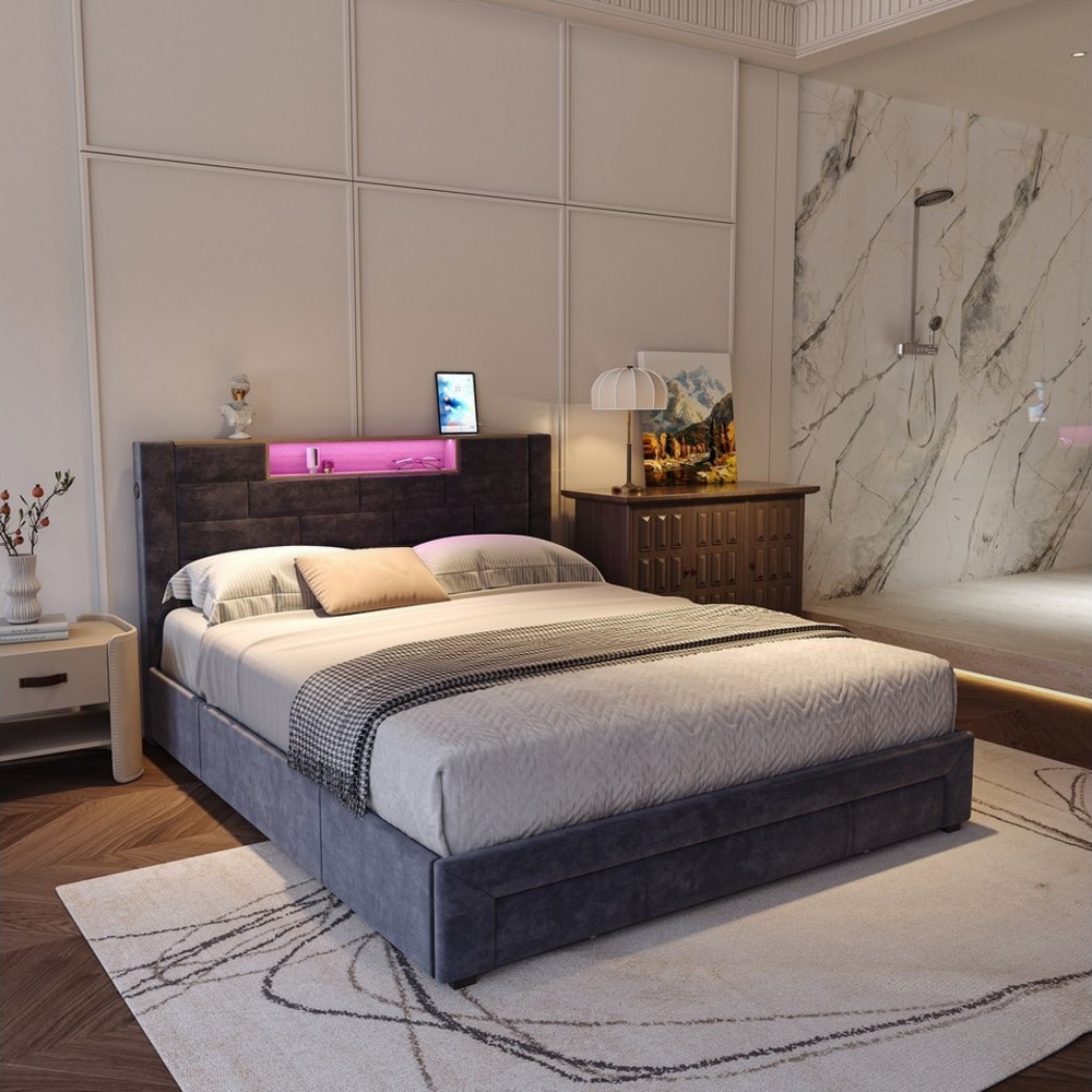 Furnishings Home Stauraumbett Polsterbett Doppelbett inkl. LED + Stauraum (Drei Schubladen unter dem Bett, Stauraum am Kopfteil), Mit LED-Beleuchtung, Lattenrost, Samt, 160x200 cm Bild 1