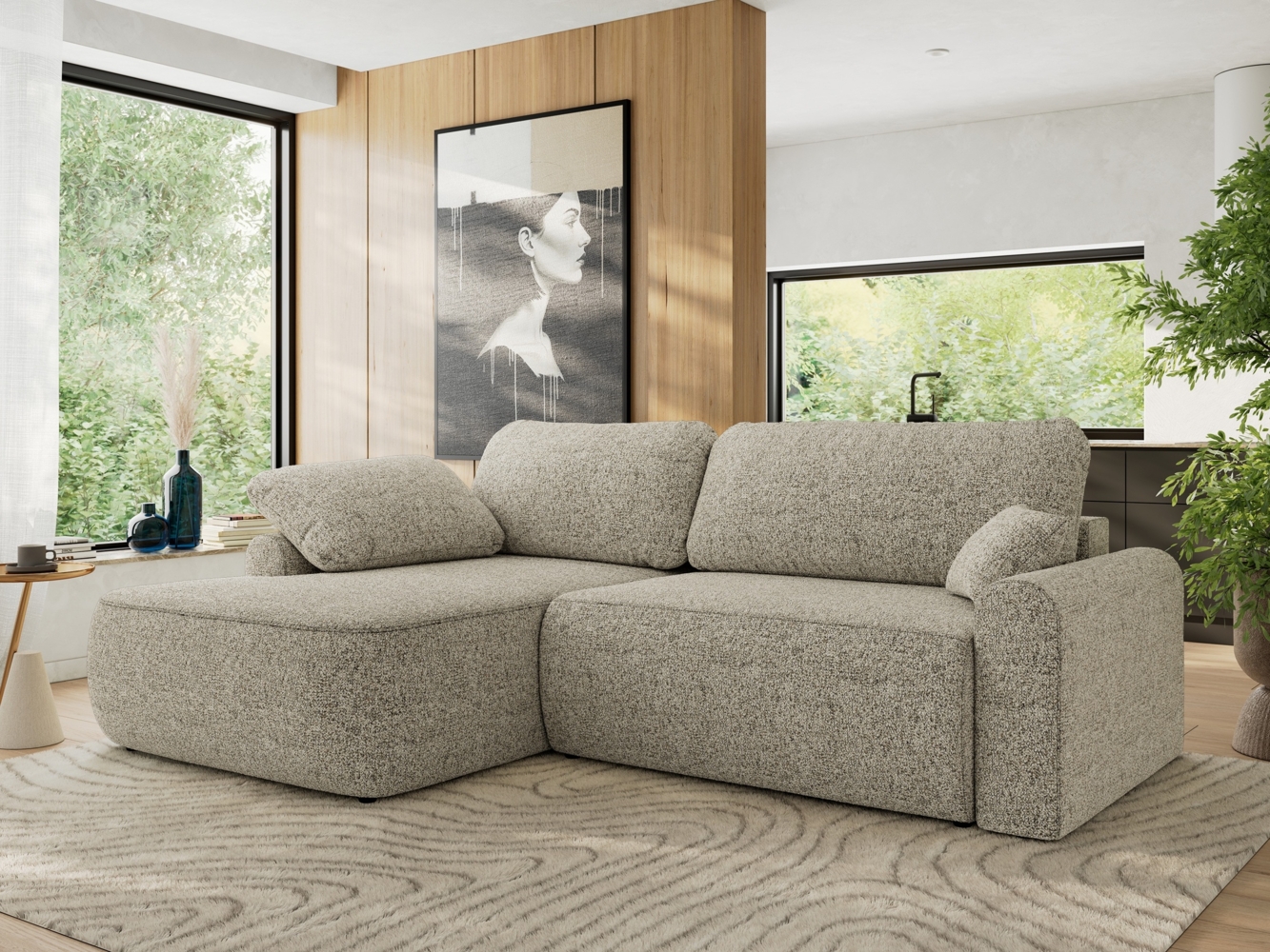 Ecksofa, L-förmiges, lose Kissen, DL-Schlaffunktion, (H 100 x T 187 x B 273 cm) - CUBO L - Struktur Beige - linke Seite Bild 1