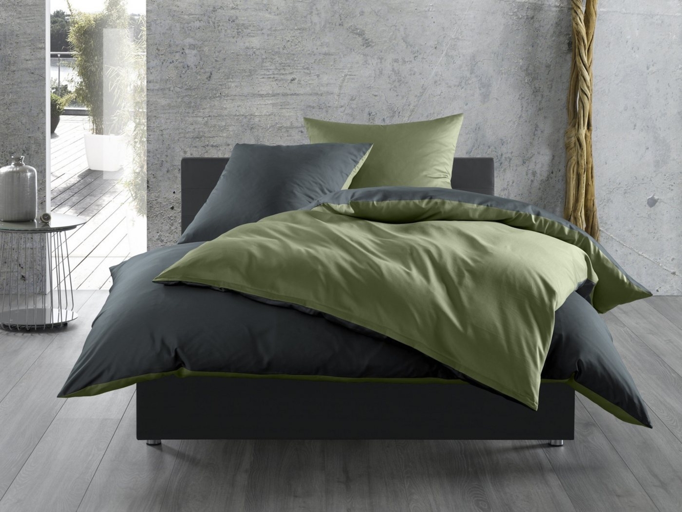 Mako Satin Wende Bettwäsche dunkelgrün anthrazit 200x200 + 2x 80x80 Bild 1