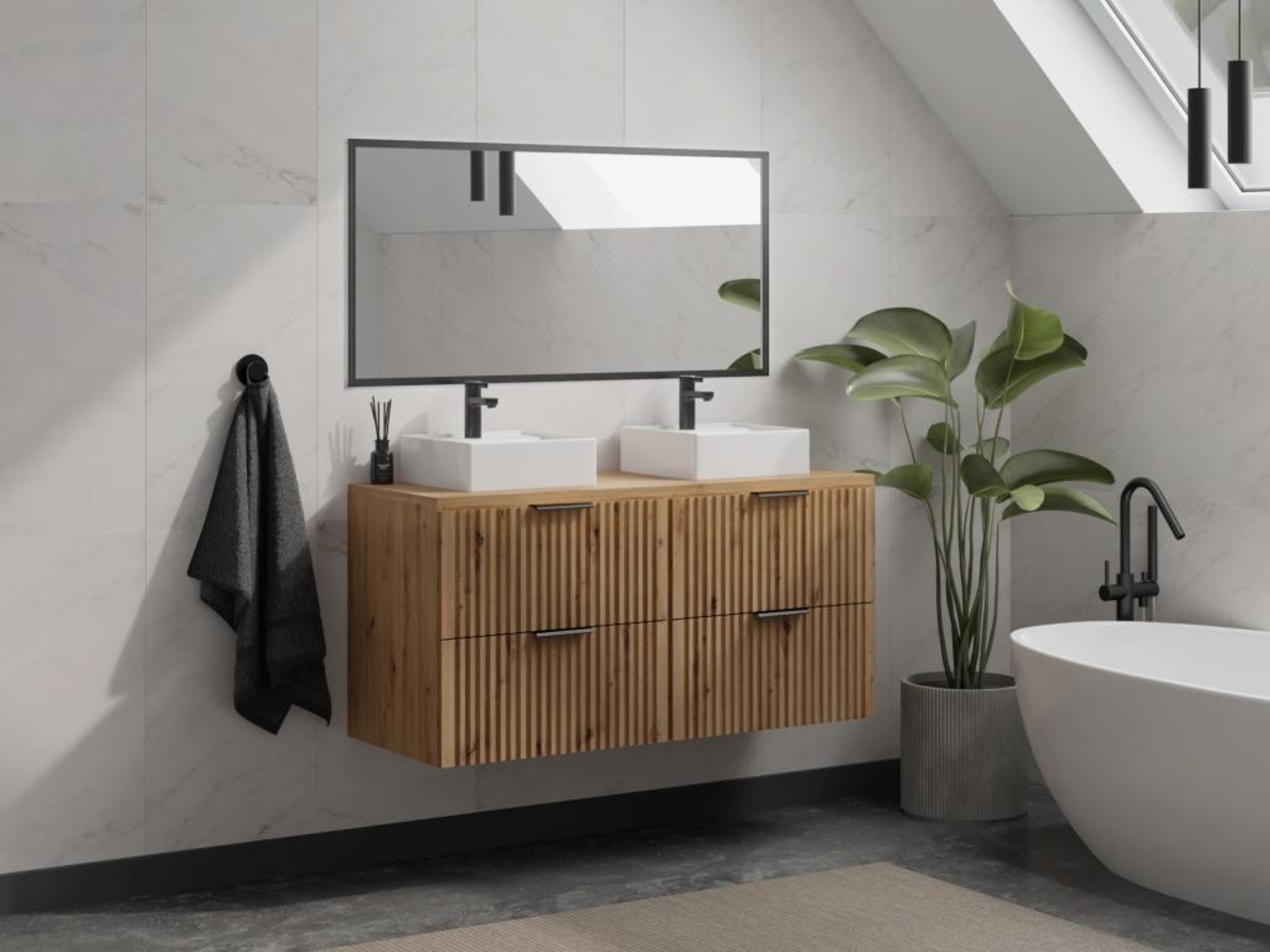 Vente-unique - Waschbeckenunterschrank hängend mit Aufsatzwaschbecken - Streifenoptik - Holzfarben hell - 120 cm - ZEVARA Bild 1